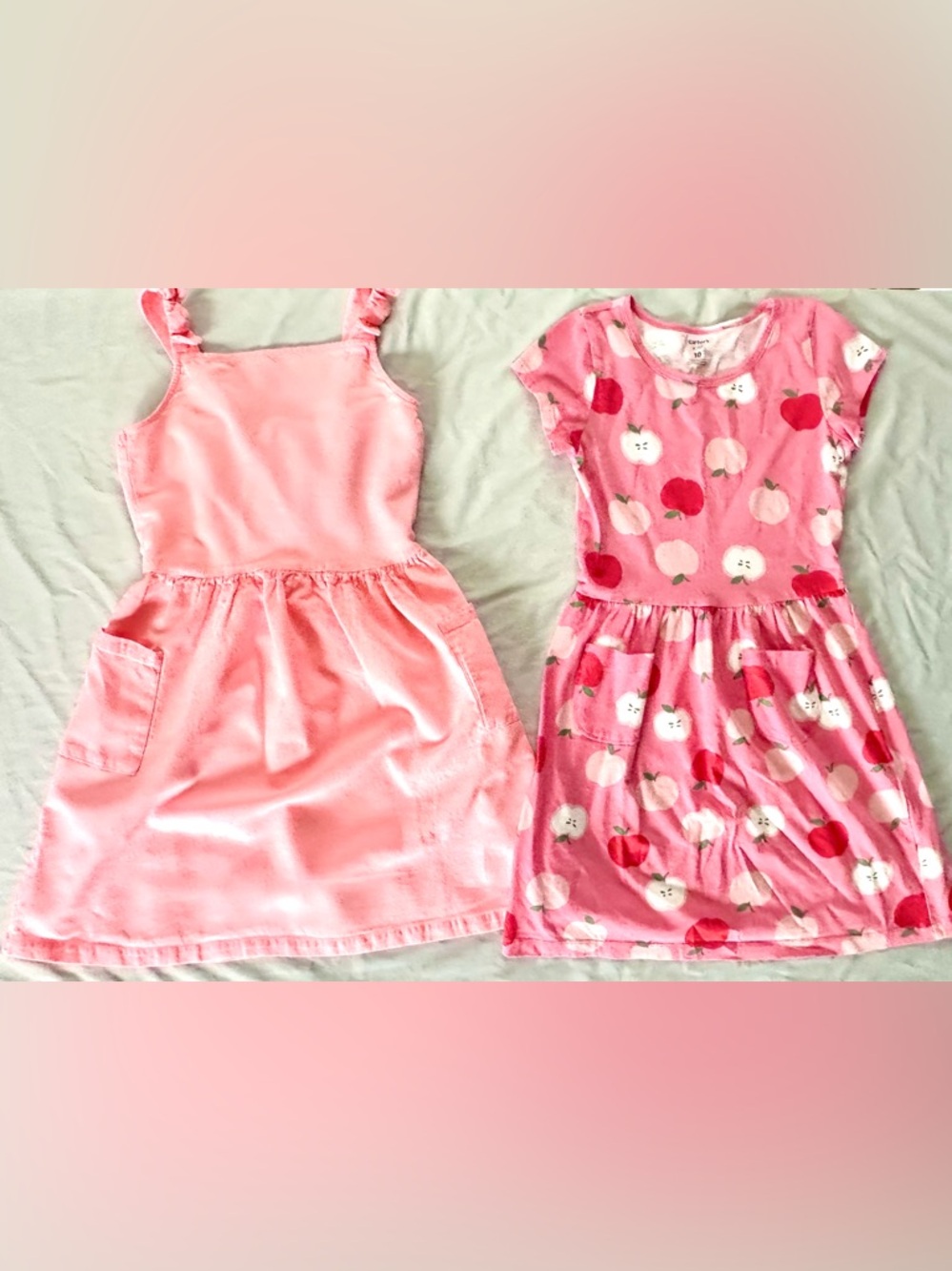 Carter’s Girls Size 10 Bright Salmon Pink Pocket Dress & Apple Dress Bundle